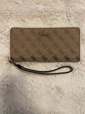 GUESS Logo Zip-Around Wristlet Wallet in Beige Brown